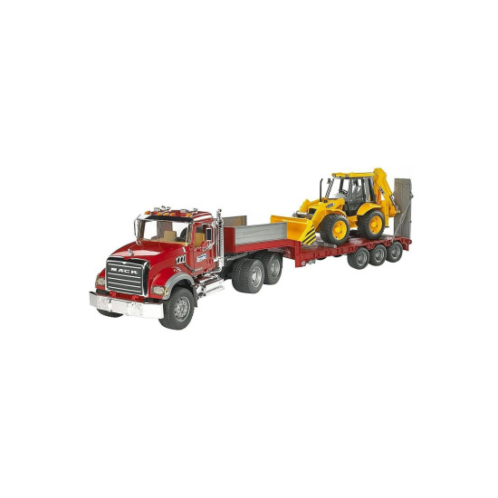 Jucarie Bruder, camion Mack cu platforma joasa si cu buldoexcavator Jcb 4Cx, 1:16, 935x198x264 mm # 02813