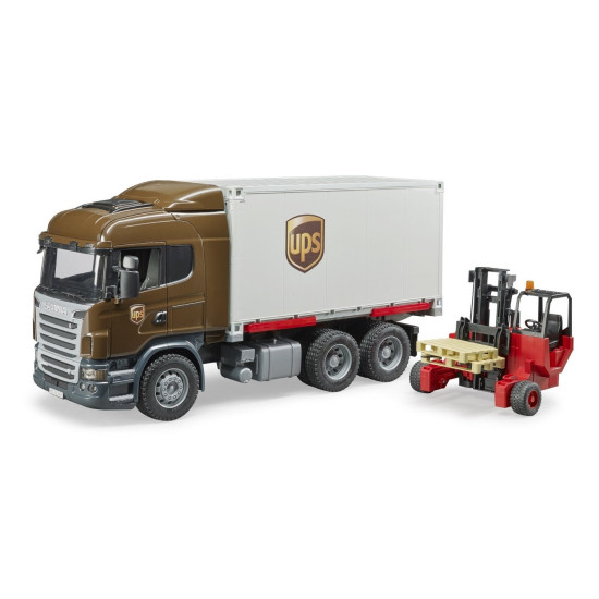 CAMION SCANIA UPS CU CONTAINER SI STIVUITOR PORTABIL BRUDER # 03581